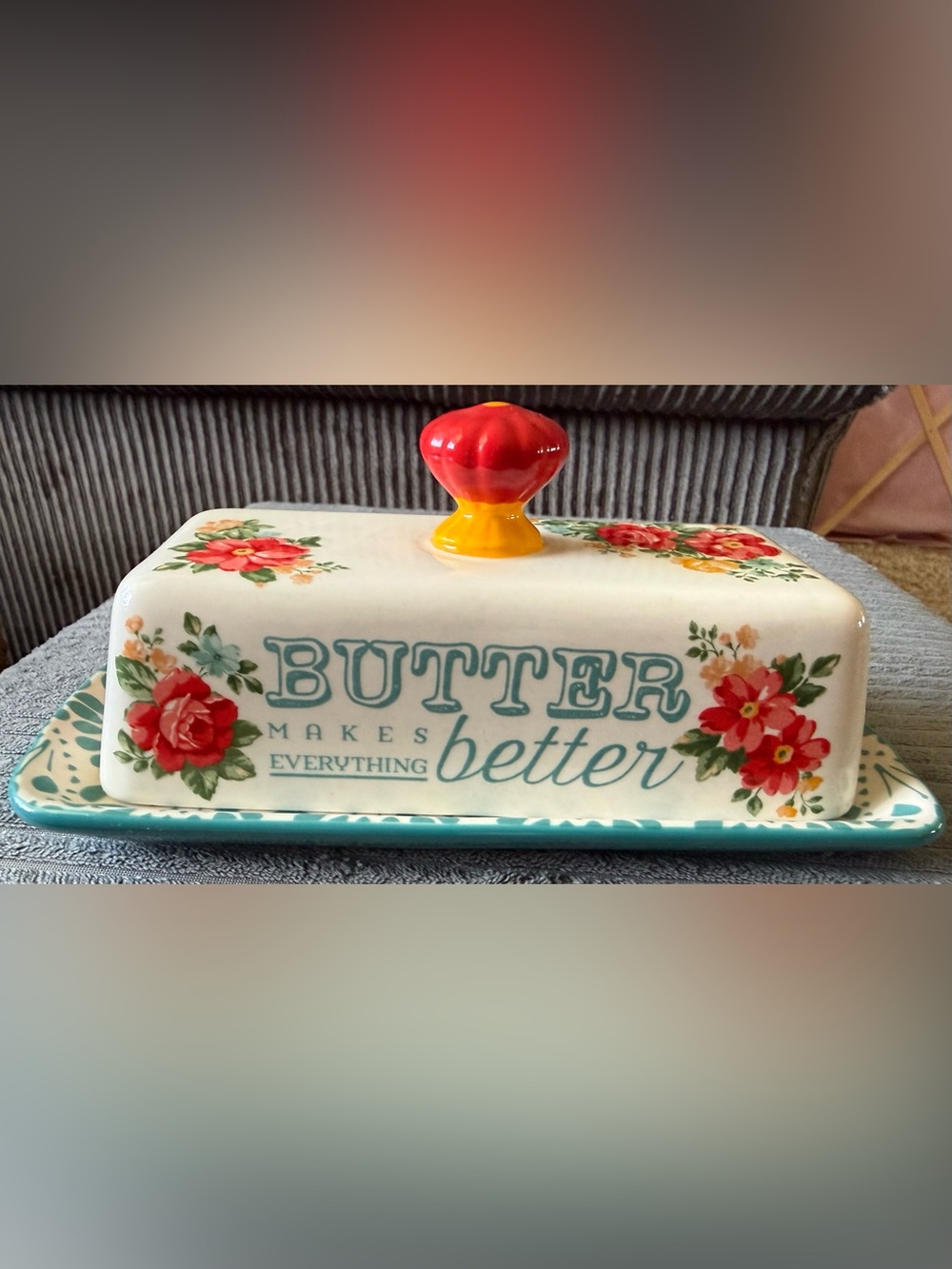 The Pioneer Woman Teal Stoneware Butter Dish Makes Everything Better Floral